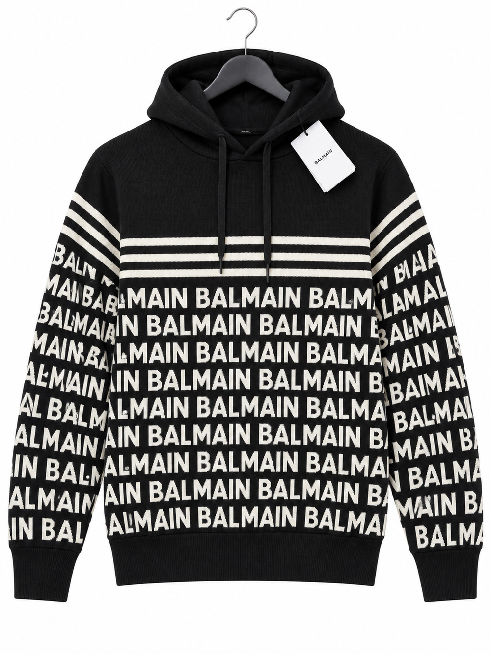 NWT BALMAIN Paris Logo Knit Hoodie Sweater Black White Size 13A Fits XS Petite